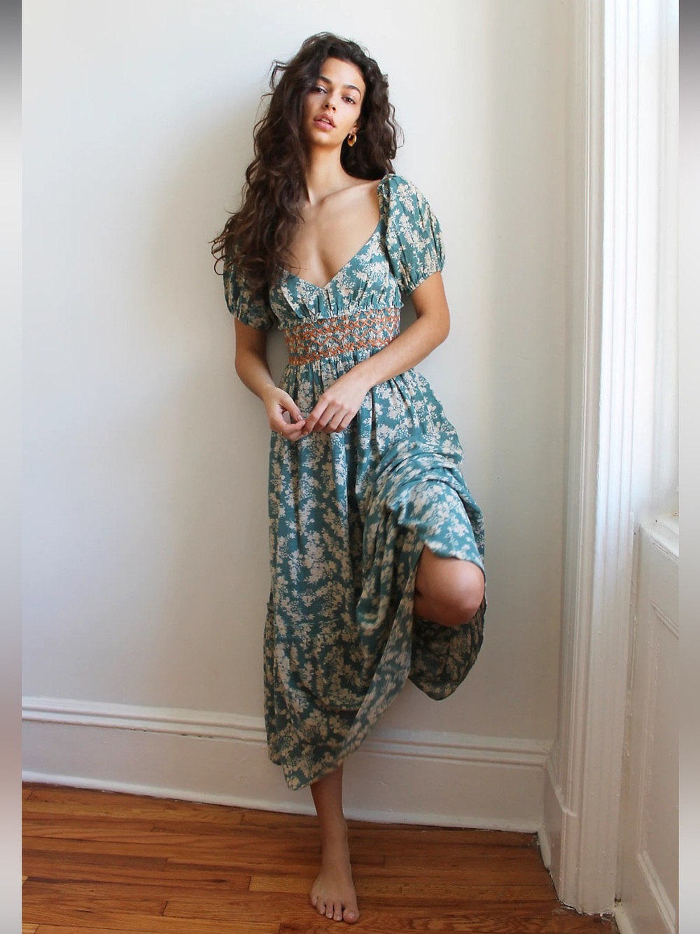 Free People Ellie Teal and Cream Floral Maxi Dress